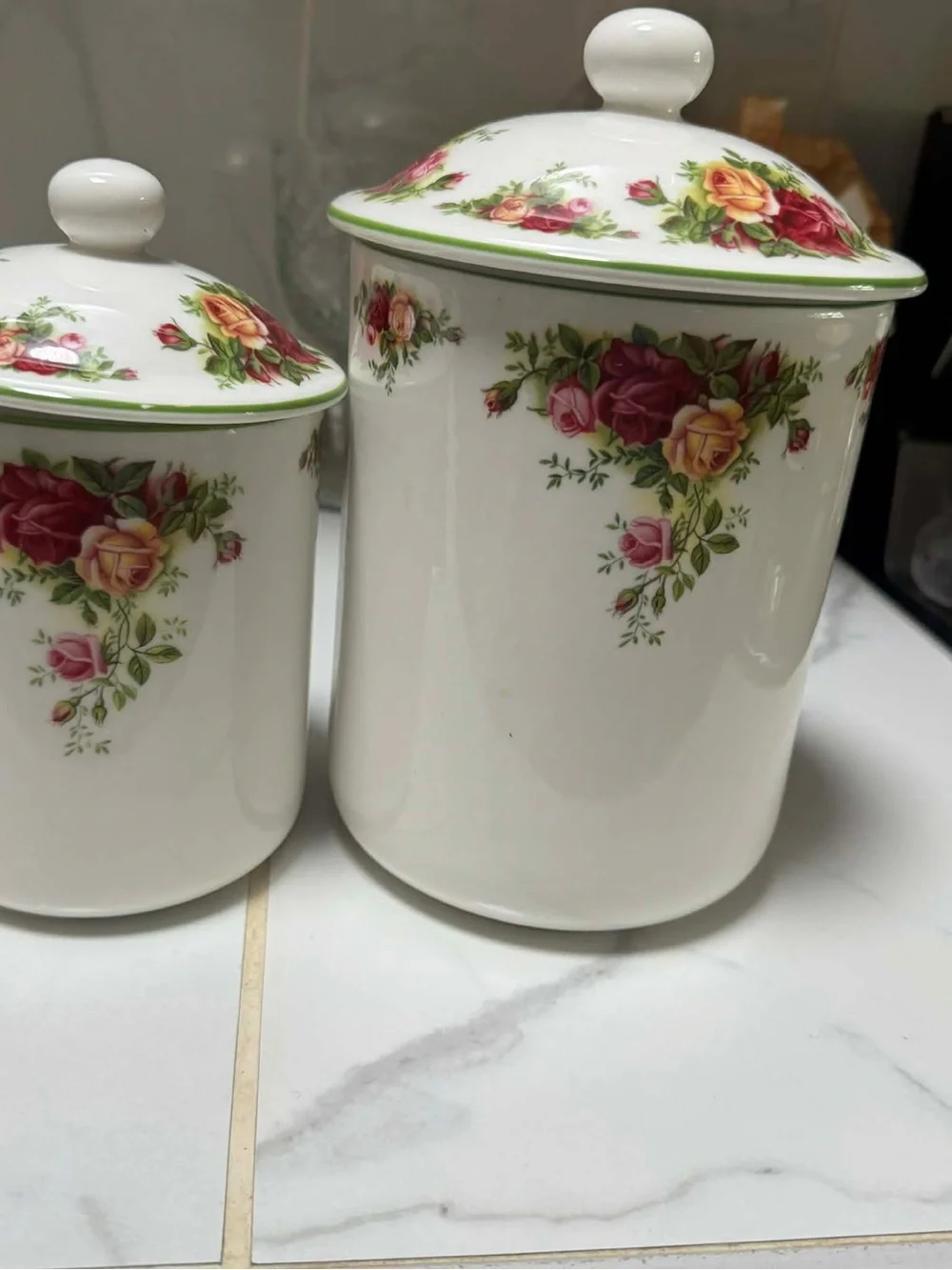 Royal Albert White Porcelain Canister Set with Pink and Yellow Rose Pattern
